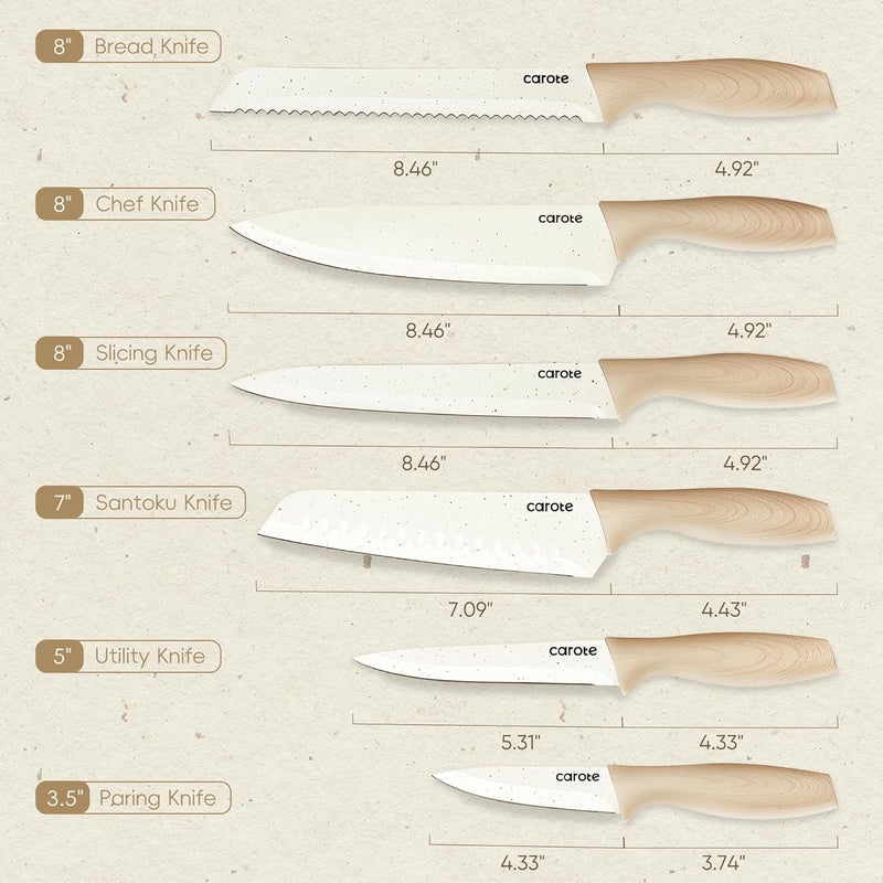 CAROTE طقم سكاكين 12 قطعة مع واقيات شفرات، طلاء سيراميك غير لاصق من الجرانيت، شفرة من الفولاذ المقاوم للصدأ، مقبض بتصميم خشبي، طقم سكاكين أساسي، أبيض - Image 2